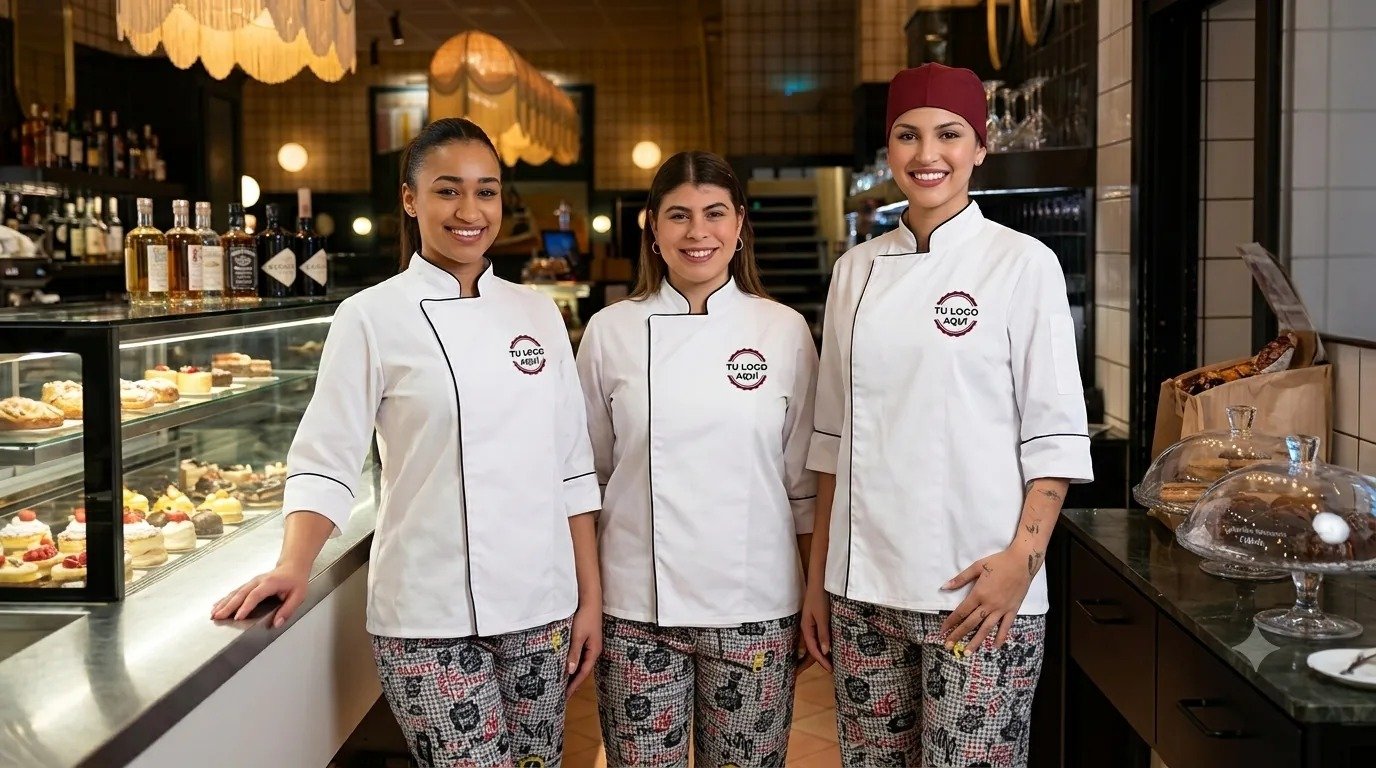 Equipo de cocina uniformado con filipinas bordadas — Uniformes La Factory